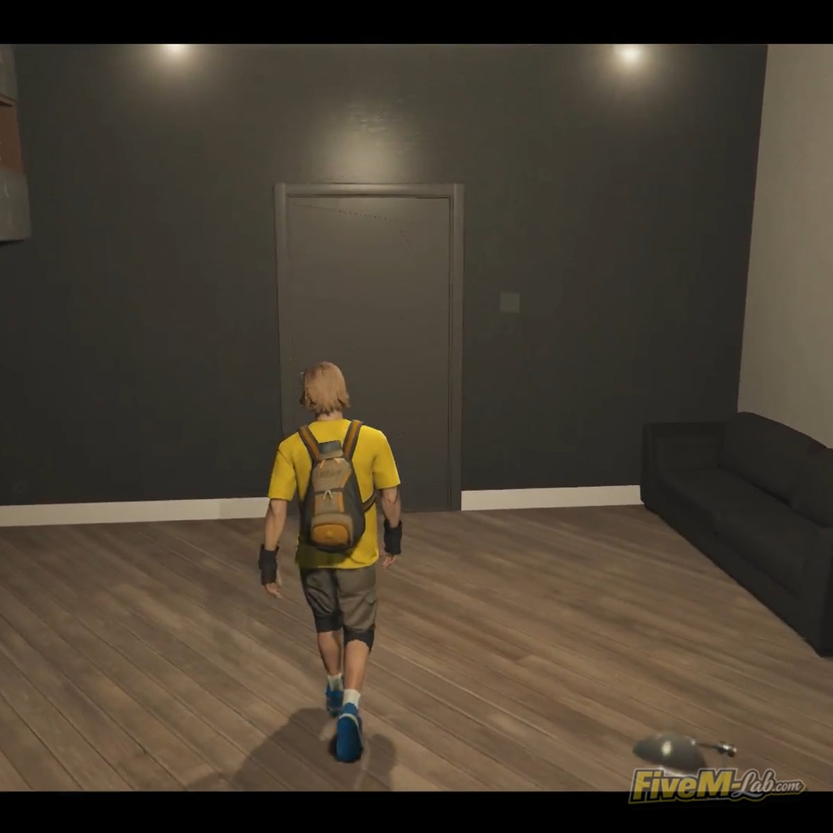 Sleek minimalist lounge area for FiveM MLO with comfortable sofa and cinematic shadow effects