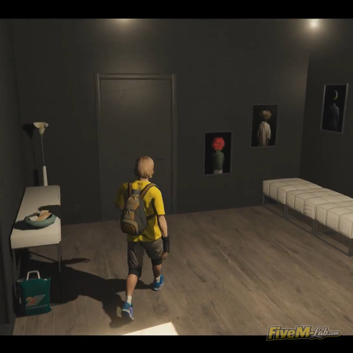 Detailed hallway for FiveM MLO featuring art wall and luxury bench seating - optimized for roleplay