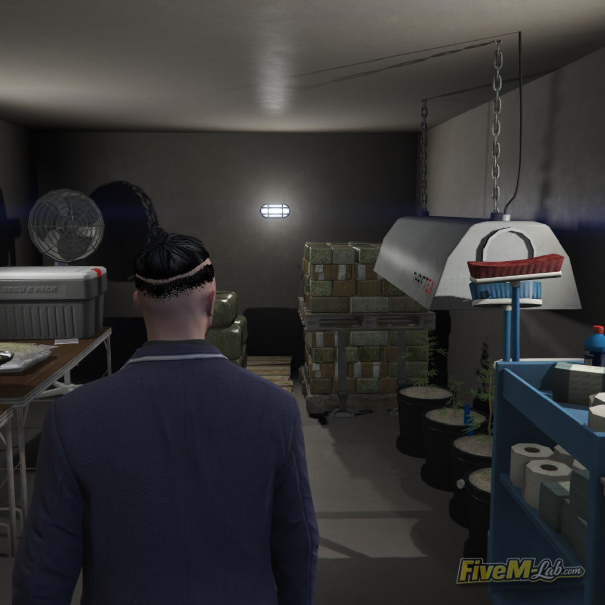 Immersive weed farm interior for FiveM featuring grow lights and processing tables