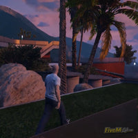 Rooftop terrace view of Devin Weston mansion MLO for FiveM with palm trees and cinematic background