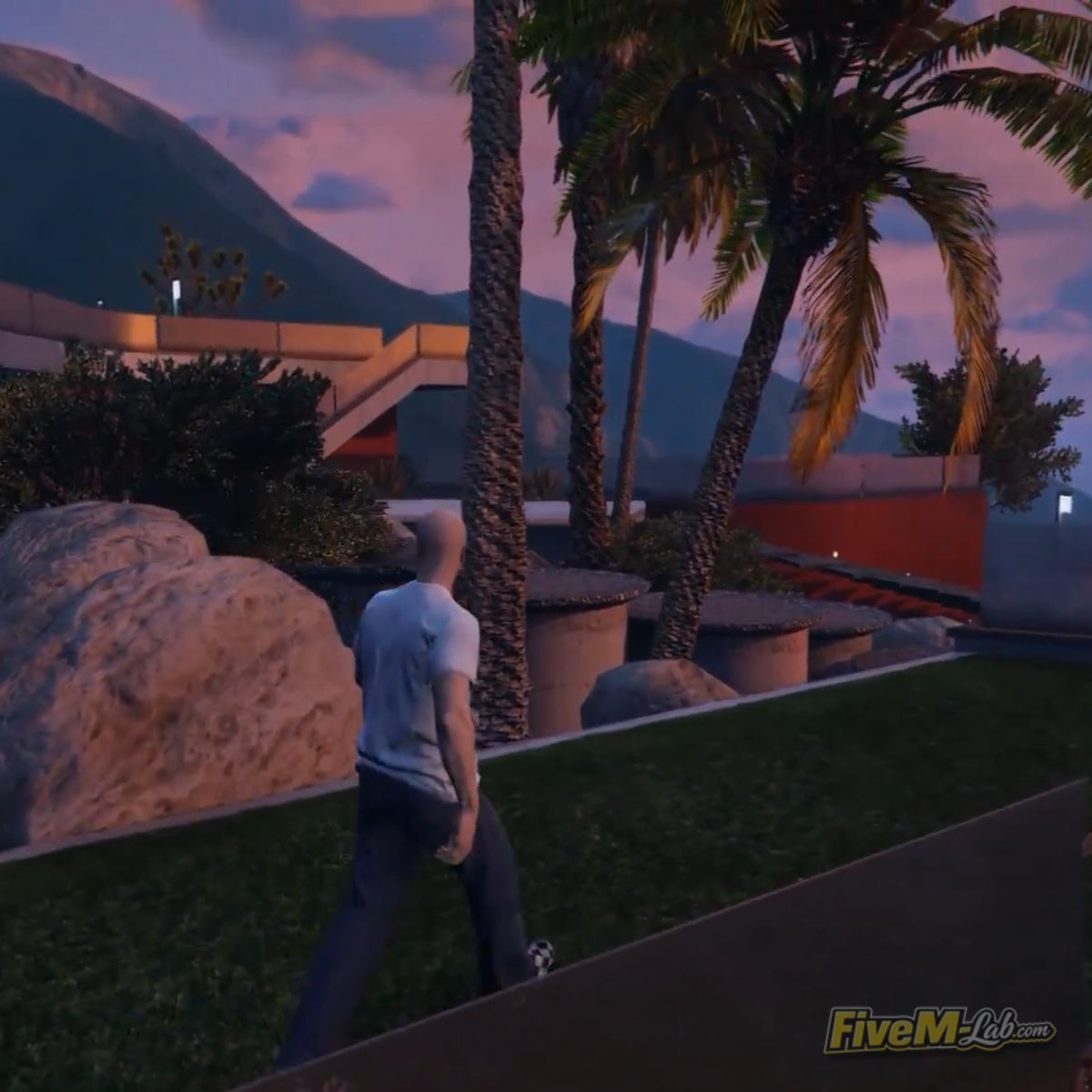 Rooftop terrace view of Devin Weston mansion MLO for FiveM with palm trees and cinematic background