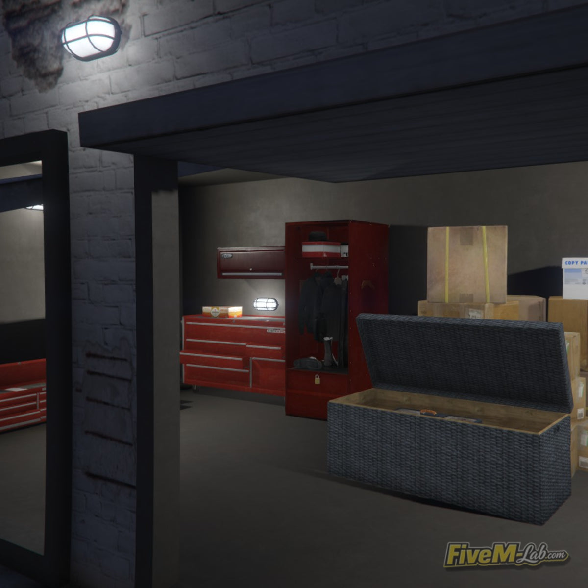 Detailed storage room with crates and tools inside the secret garage MLO