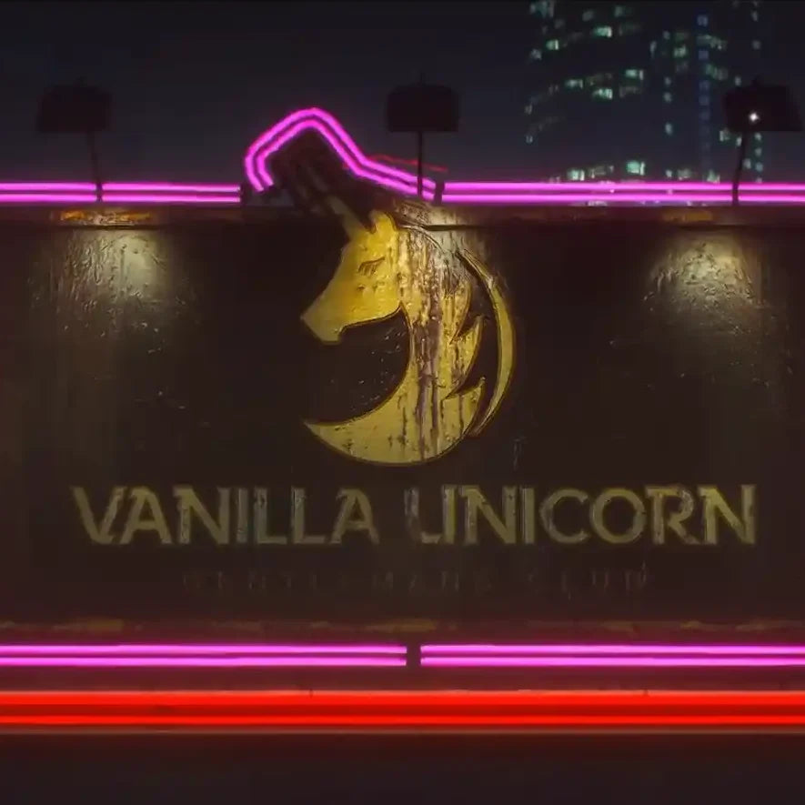 Vanilla Unicorn MLO for FiveM — exterior signage and entrance vibe at night