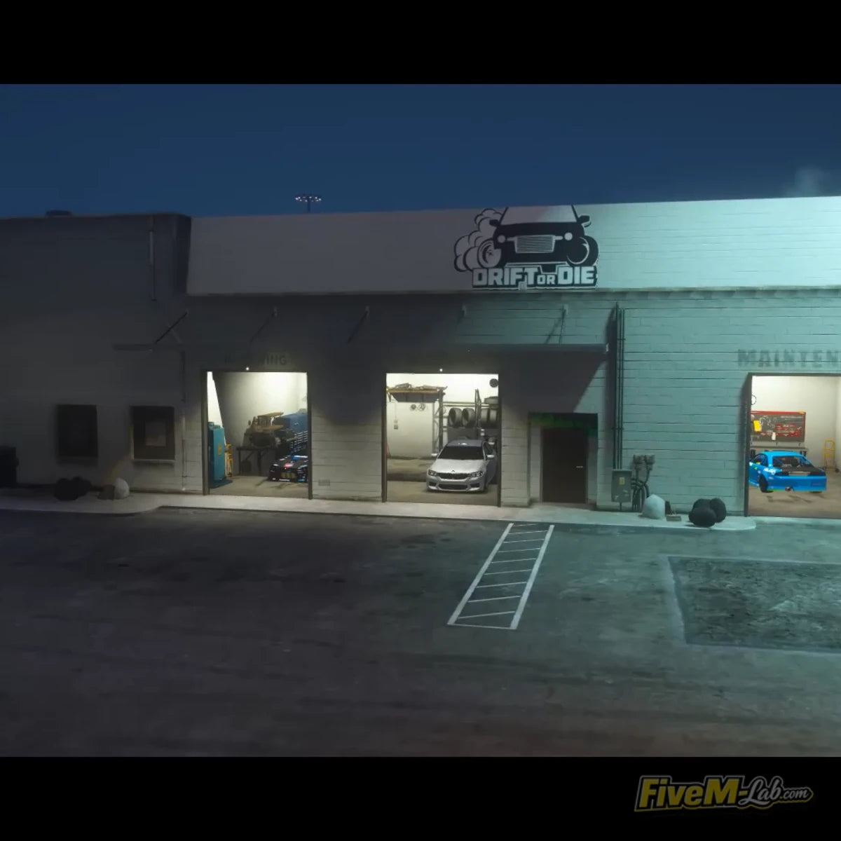 FiveM Drifting School MLO exterior with maintenance garages and Drift or Die branding