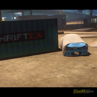 Drift car under a cover next to a Thriftex container in the FiveM Drift School facility