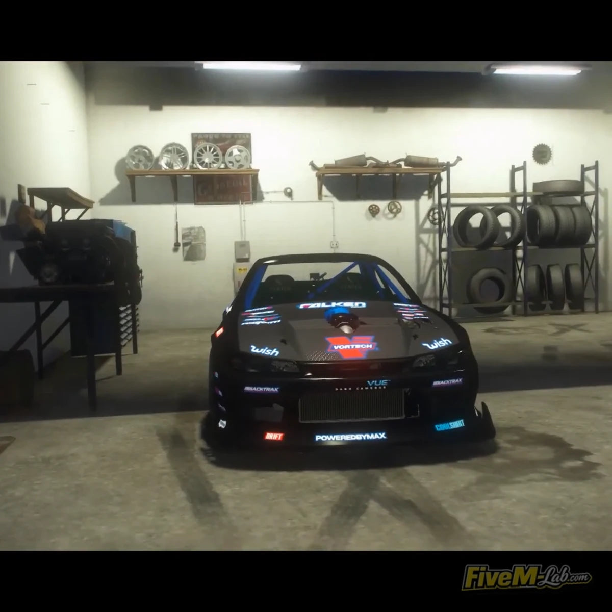 Interior of a tuning garage in FiveM Drift School MLO featuring a drift car and spare tires