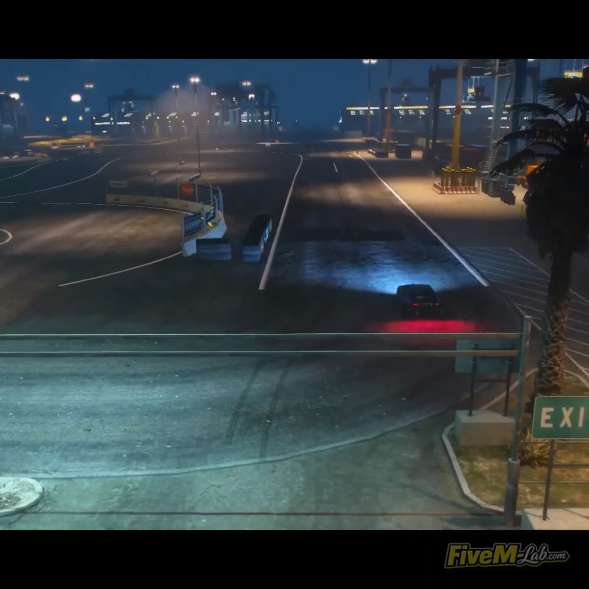 Aerial night view of the custom drift race track in FiveM Rockingham MLO with floodlights