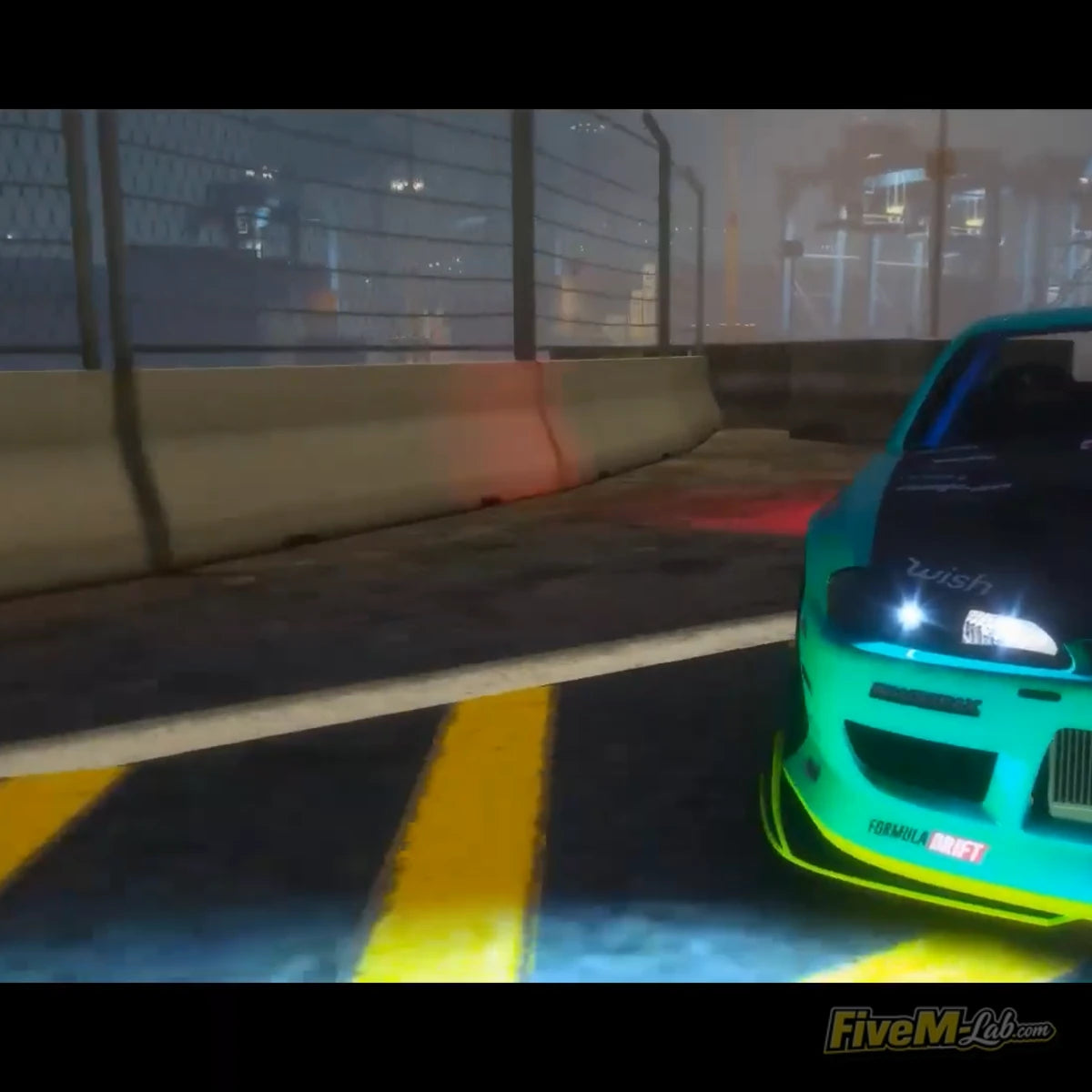 Close-up of a drift car on the Rockingham track with safety barriers in FiveM MLO