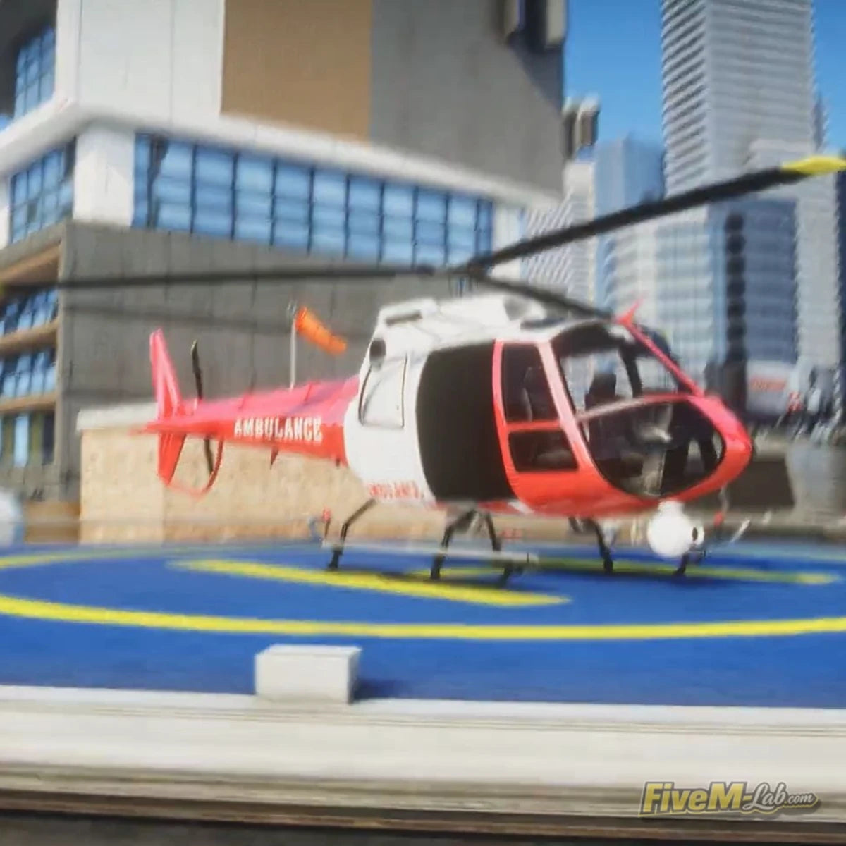 FiveM Hospital MLO rooftop helipad with red and white medical ambulance helicopter and city skyscrapers background