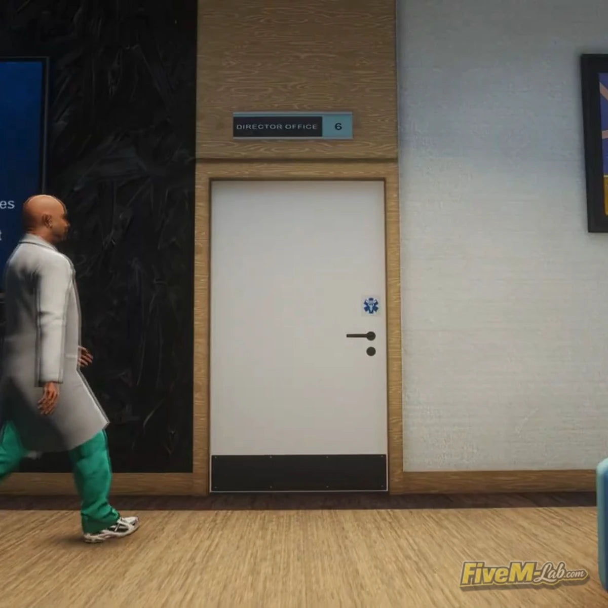FiveM Hospital MLO interior view of the Director's Office entrance with professional signage and medical staff