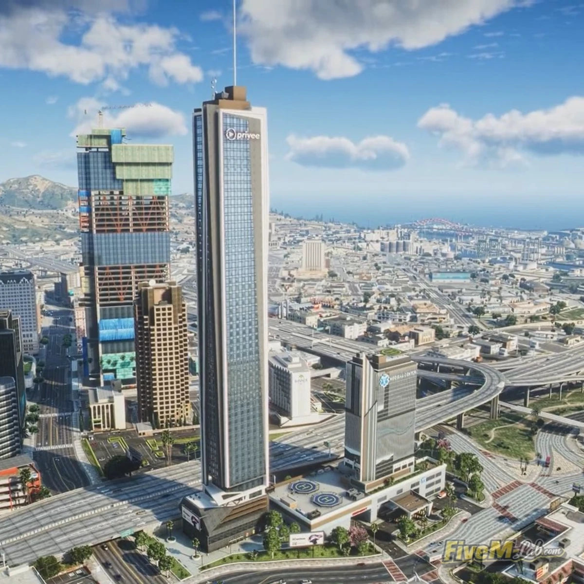 FiveM Hospital MLO modern skyscraper building with helipads aerial view GTA 5 RP