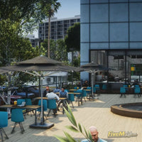 FiveM Hospital MLO outdoor terrace and cafeteria area with tables and umbrellas