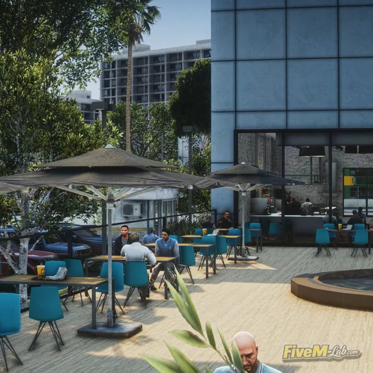 FiveM Hospital MLO outdoor terrace and cafeteria area with tables and umbrellas