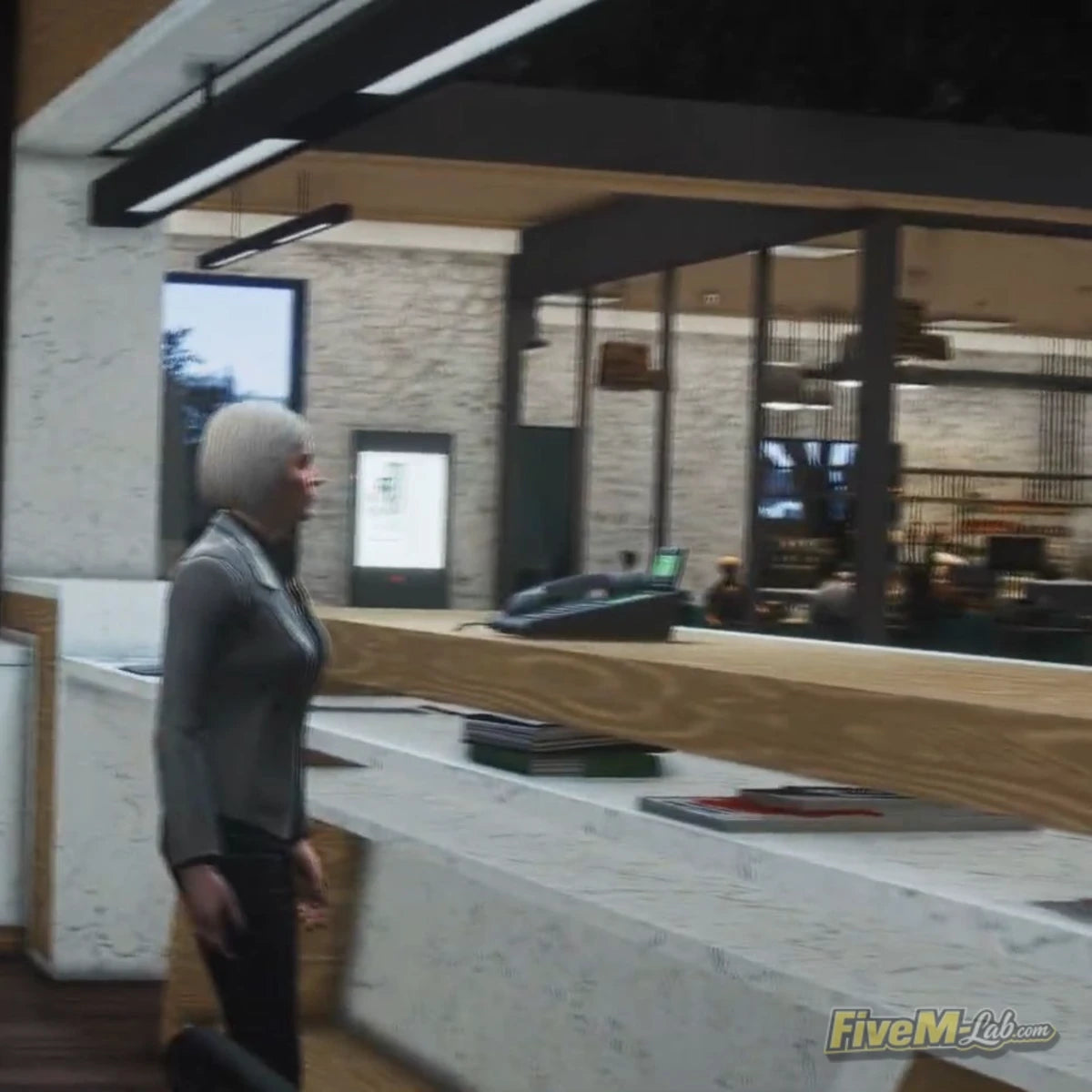 FiveM Modern Hospital MLO interior featuring a stylish reception desk and lobby area with medical staff GTA 5 RP