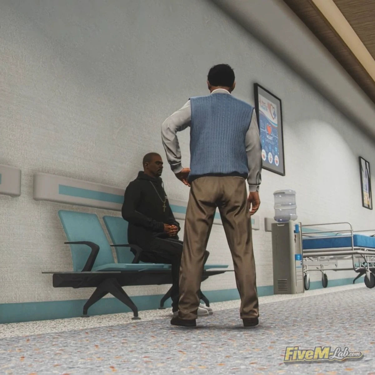 FiveM Modern Hospital MLO interior waiting area with blue chairs, medical posters, and a water dispenser