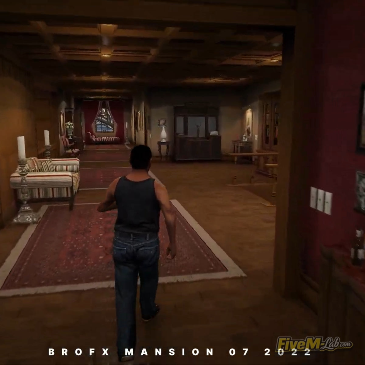 Luxury living room interior of Mansion 07 MLO for FiveM with classic furniture and rugs.