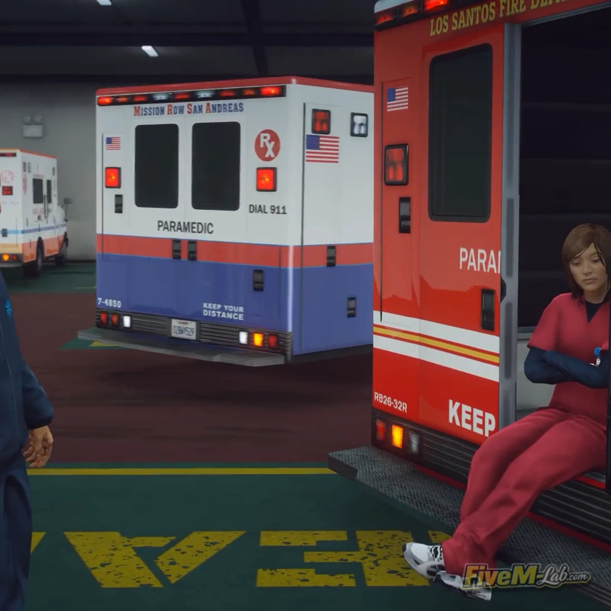 FiveM Pillbox Hill Hospital MLO ambulance garage with paramedics and Los Santos Fire Department vehicles