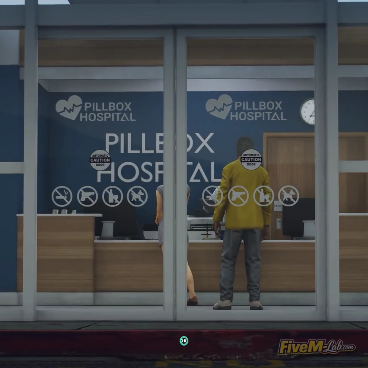 View through glass doors of the Pillbox Hospital MLO interior featuring a modern reception desk and signs