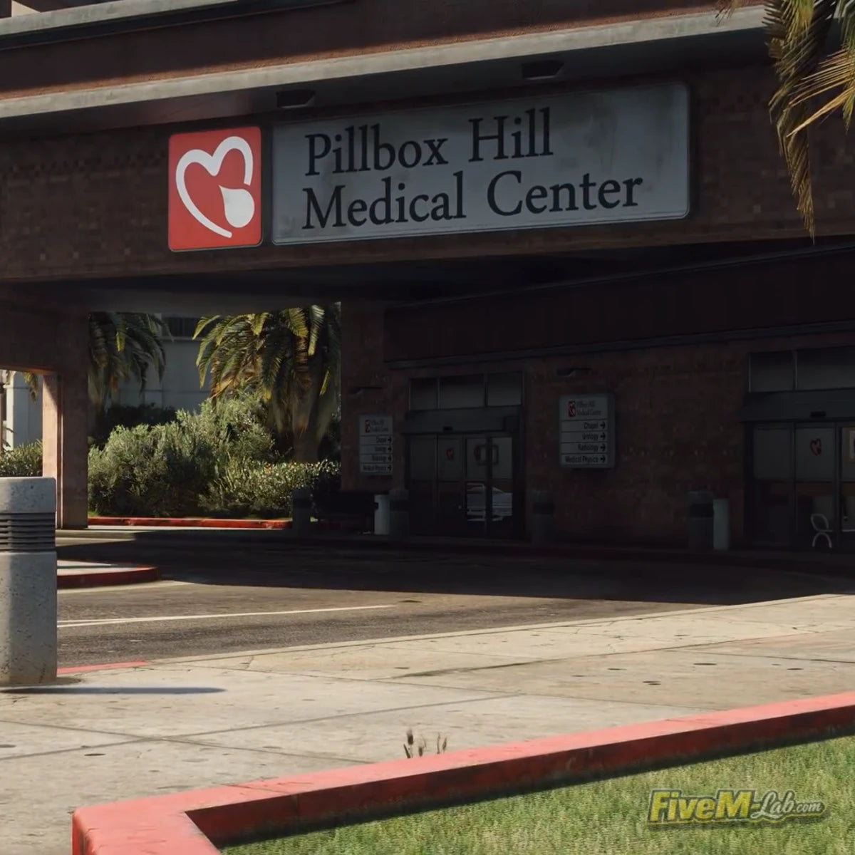 Pillbox Hill Medical Center official signage on a modern hospital building exterior for FiveM RP