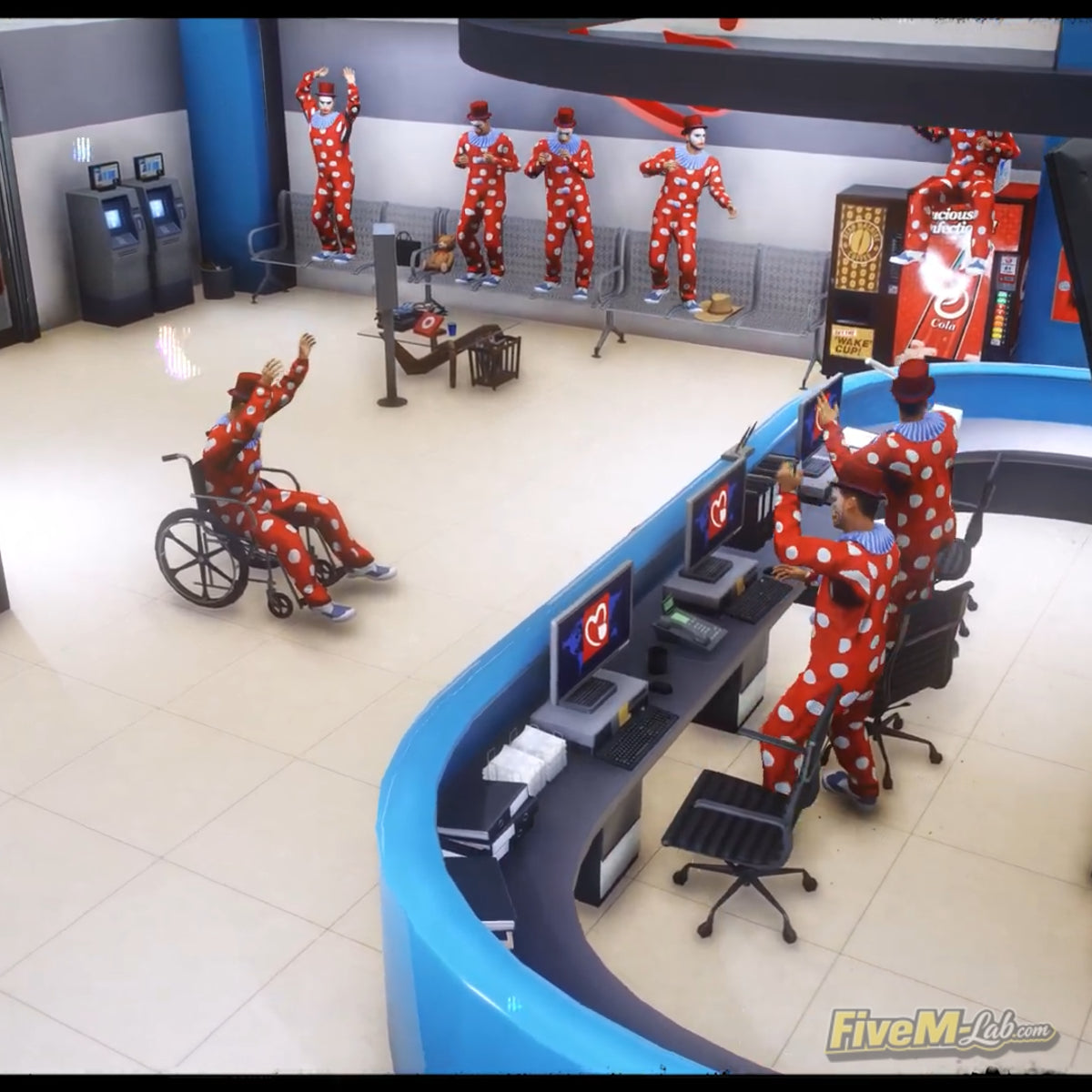 Interior view of the busy Pillbox Hill Medical Center reception area for FiveM RP servers, featuring a custom hospital MLO