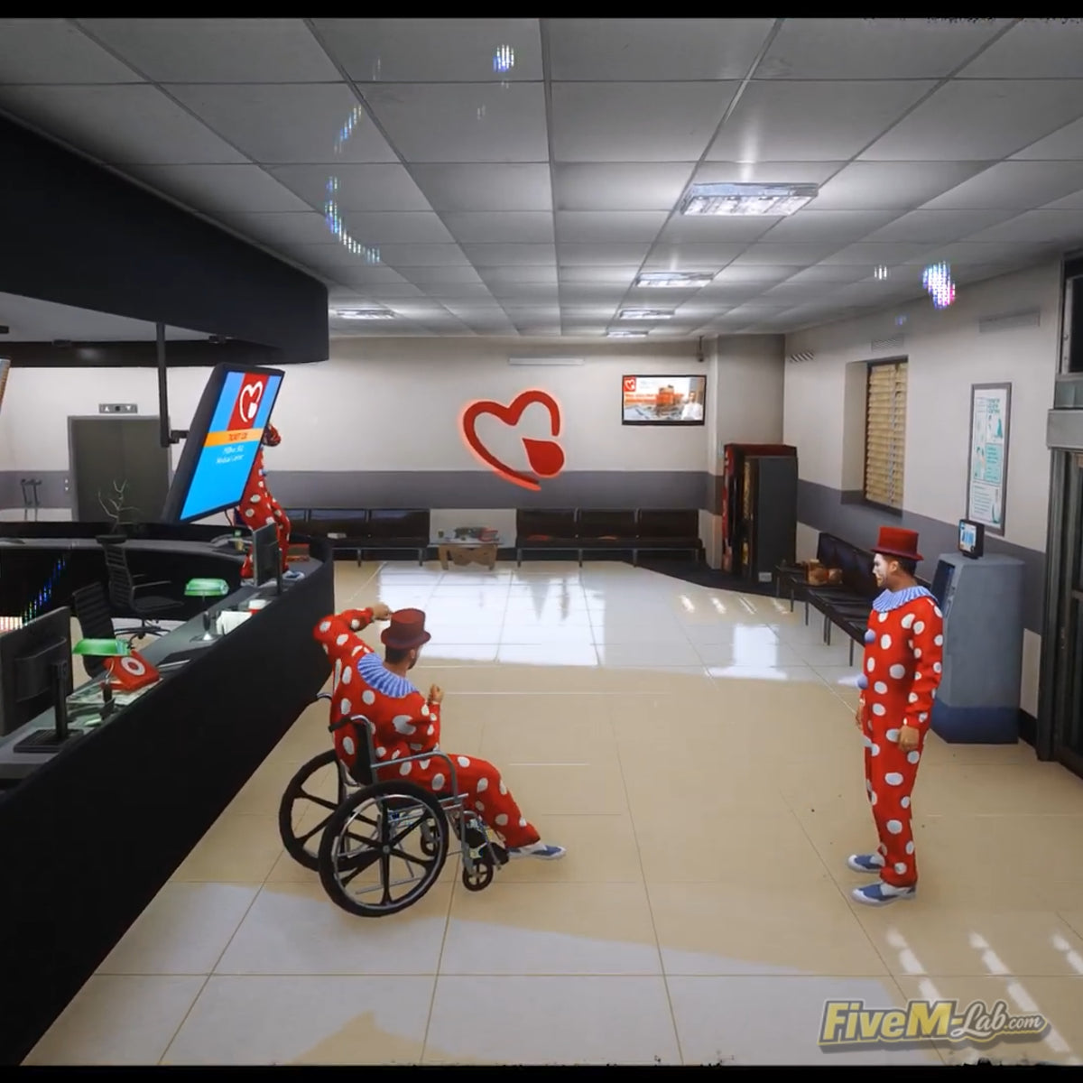 Top-down view of the Pillbox Hill Medical Center reception area in Los Santos for FiveM servers