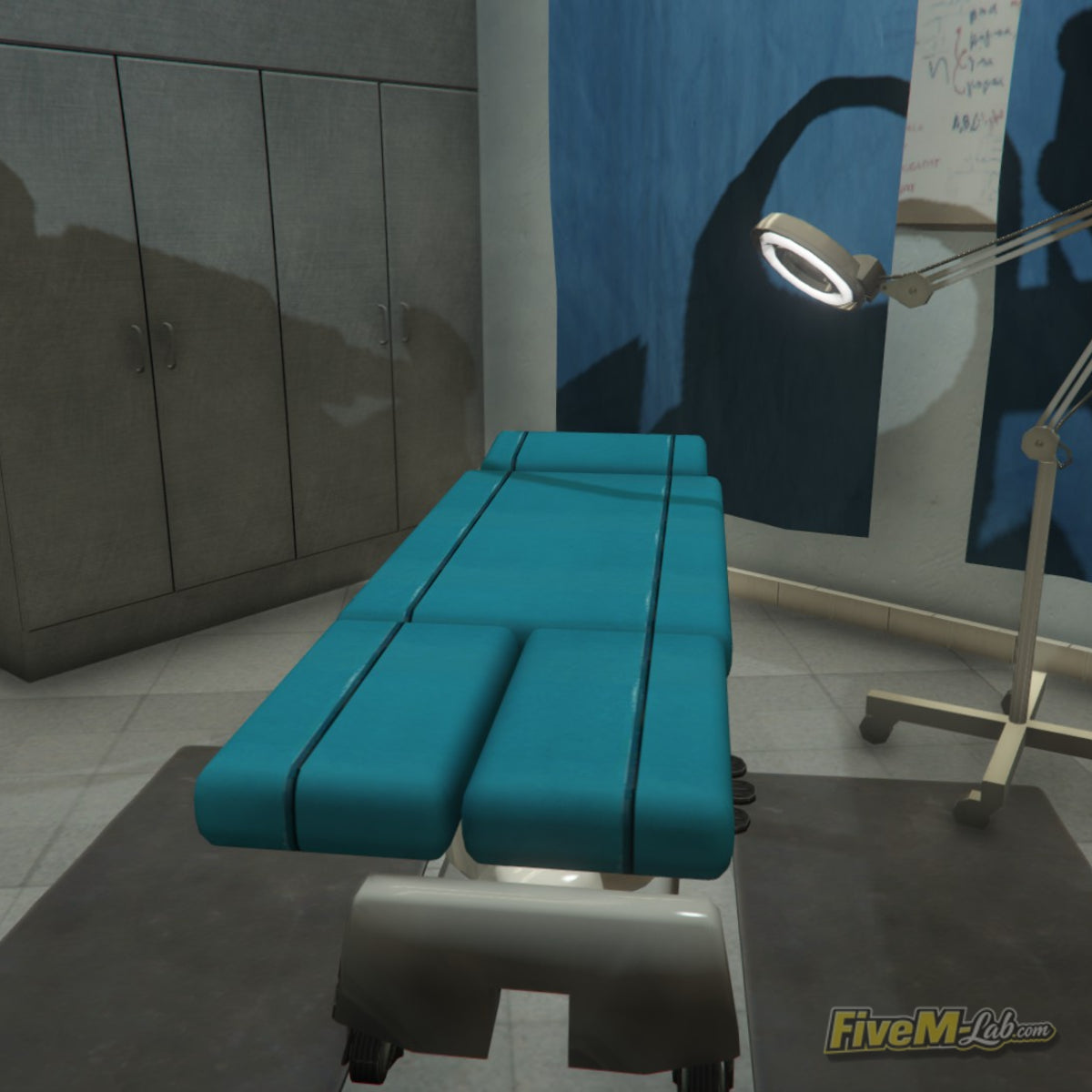 Medical examination room with a blue treatment table inside the free Sandy Shores Hospital MLO for FiveM RP servers