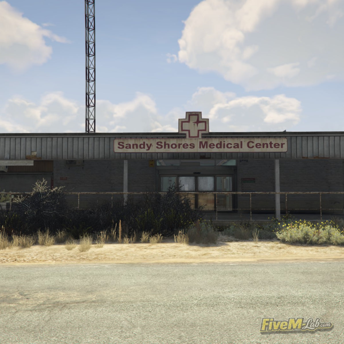 Exterior view of the free Sandy Shores Medical Center MLO for FiveM RP servers