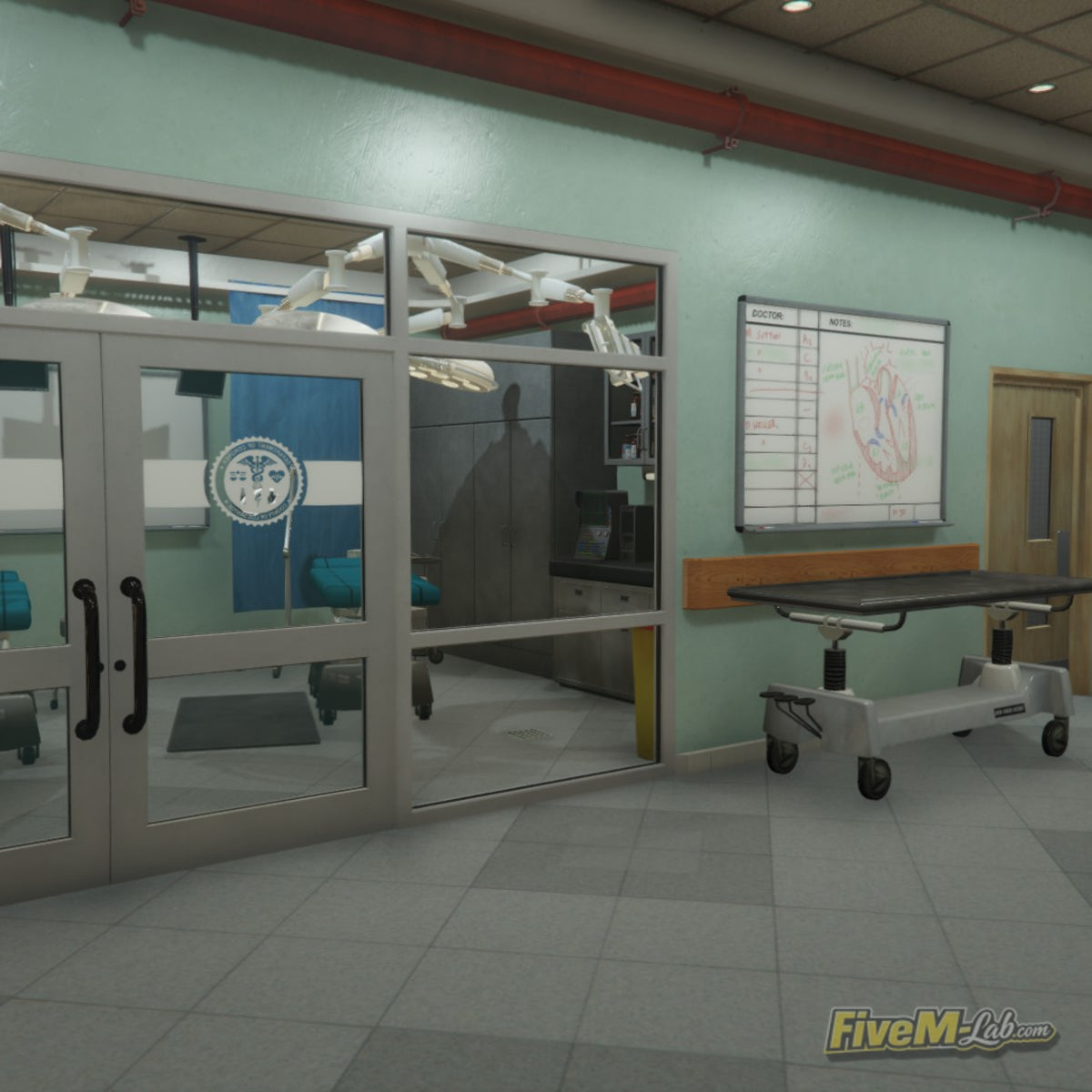 Interior view of a medical room inside the free Sandy Shores Hospital MLO for FiveM RP servers, featuring a gurney and medical equipment