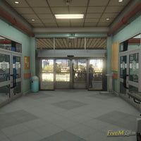 Interior view of the main entrance with large glass doors leading outside, inside the free Sandy Shores Hospital MLO for FiveM RP servers