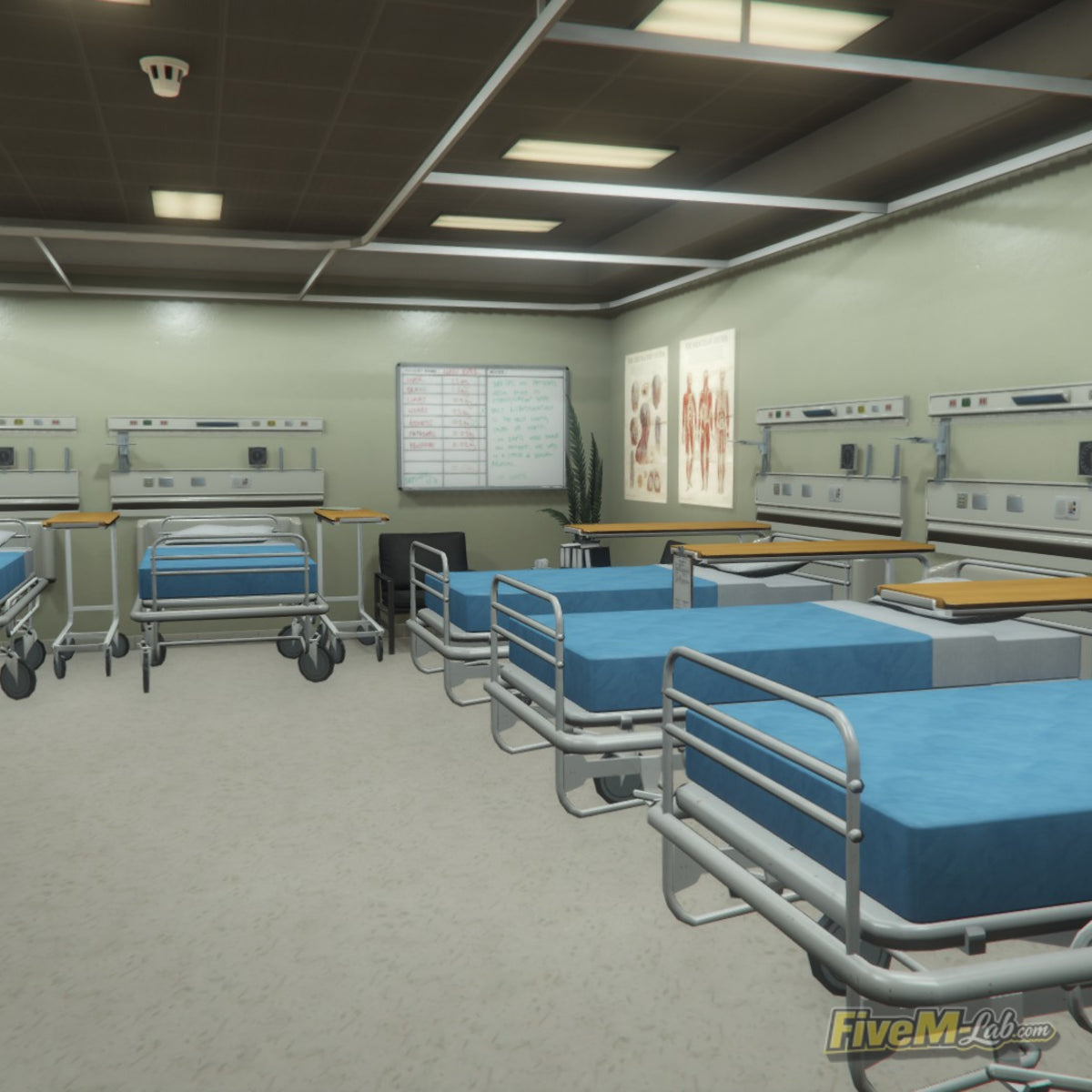 Hospital room with multiple beds and medical equipment inside the free Sandy Shores Hospital MLO for FiveM RP servers