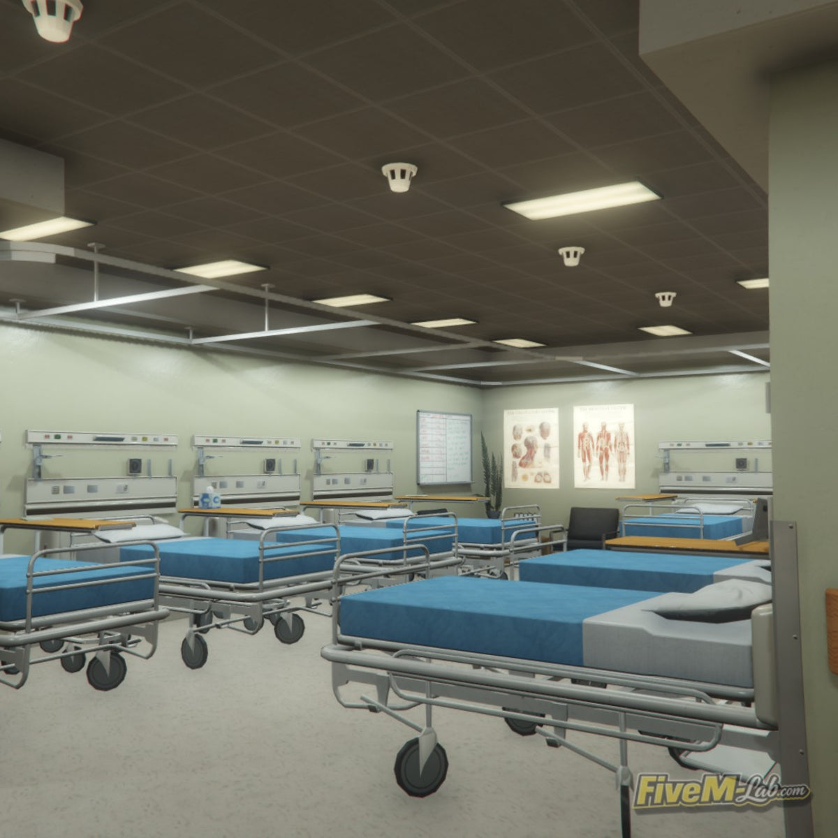 Patient ward with medical beds inside the free Sandy Shores Hospital MLO for FiveM RP servers