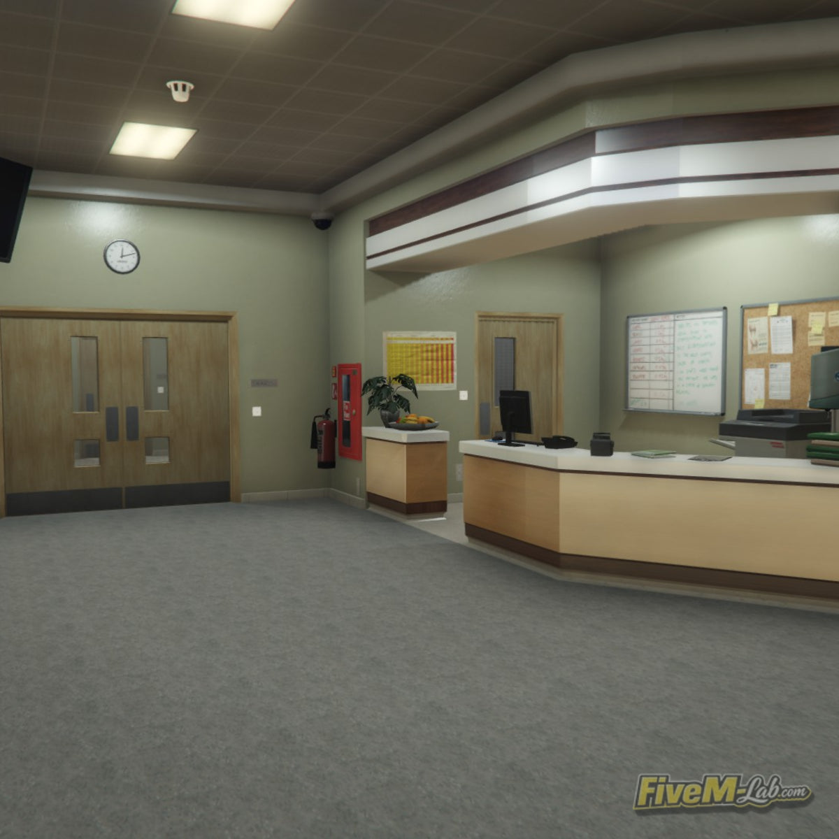 Reception desk and waiting area inside the free Sandy Shores Hospital MLO for FiveM RP servers