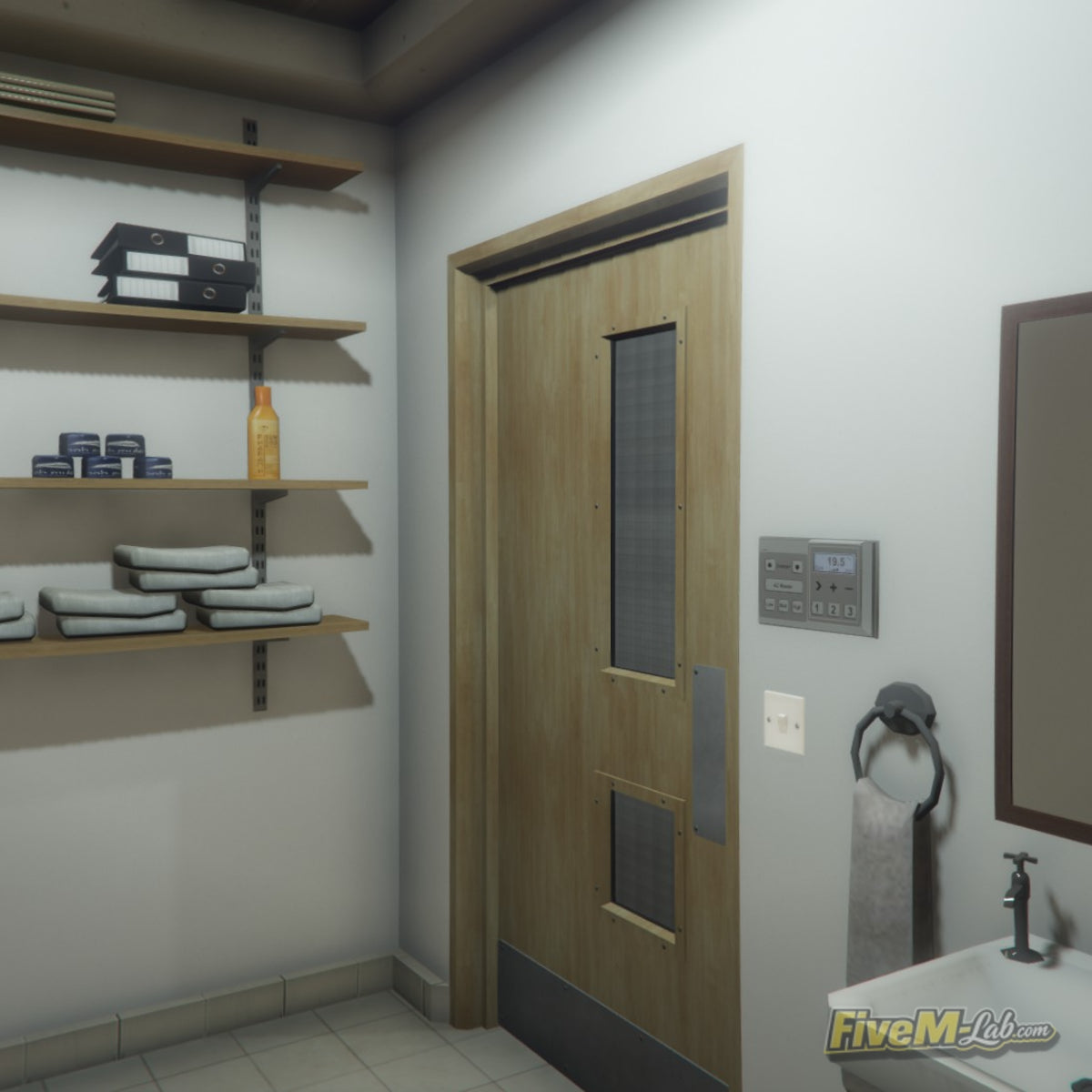 Medical storage room with shelves and a sink inside the free Sandy Shores Hospital MLO for FiveM RP servers