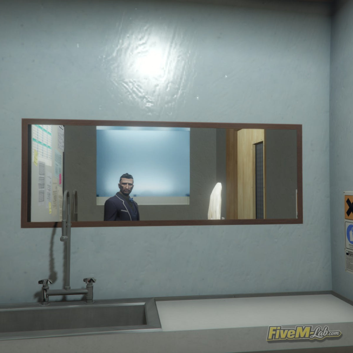 Character reflection in a washroom mirror inside the free Sandy Shores Hospital MLO for FiveM RP servers