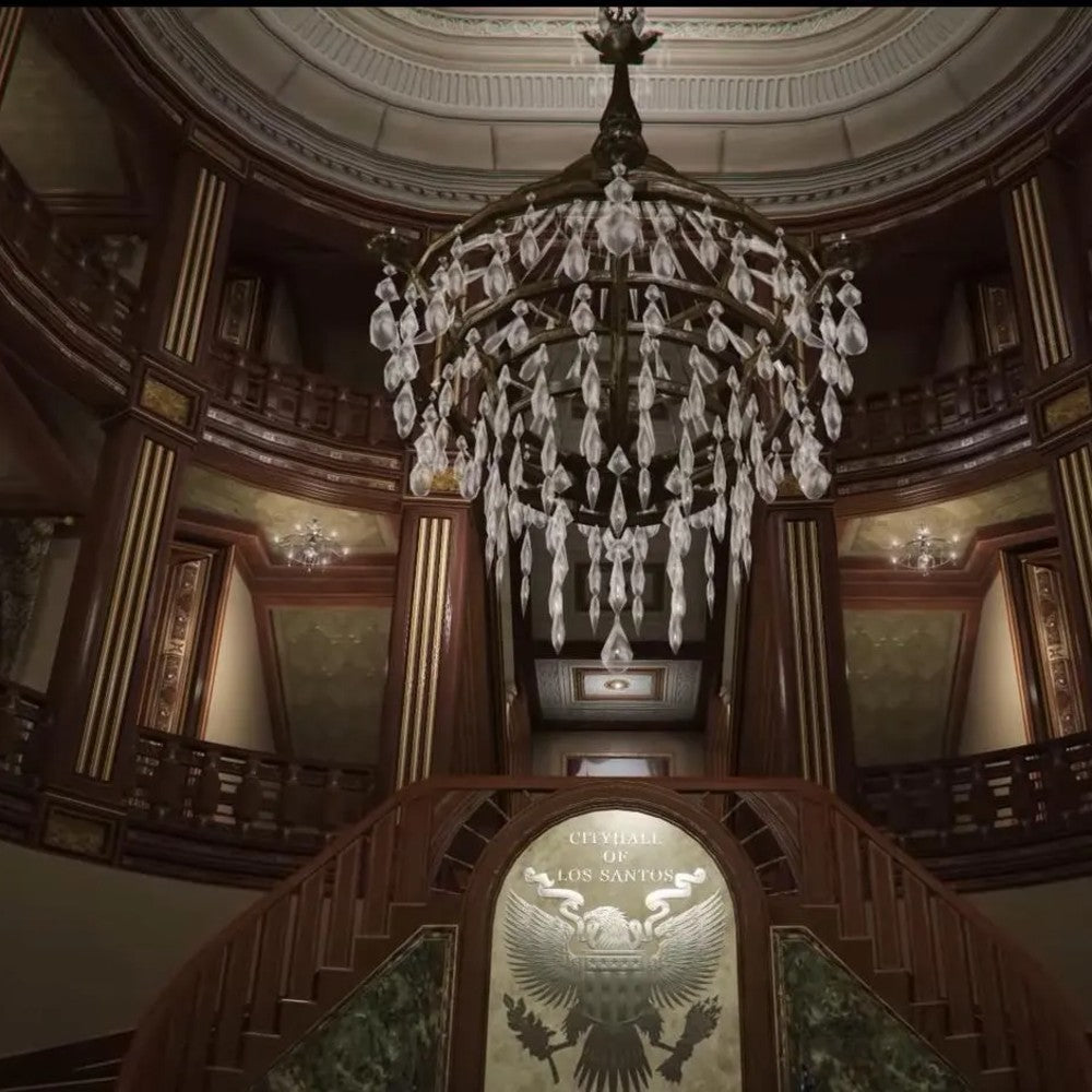 FiveM City Hall MLO grand entrance hall with crystal chandelier and Los Santos seal similar to NoPixel Justice Center