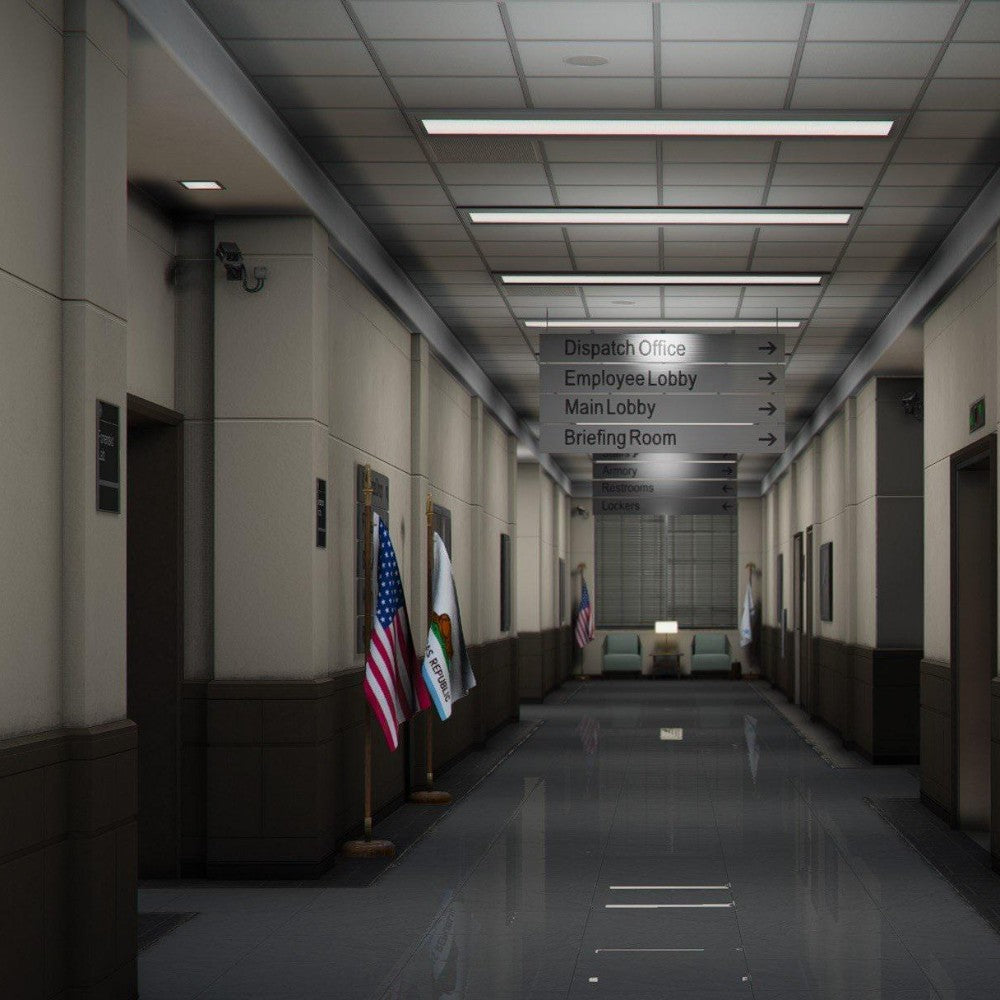 FiveM Mission Row PD interior hallway with marble pillars American flag and judicial waiting area