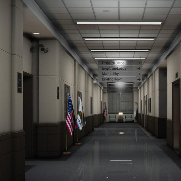 FiveM Mission Row PD interior hallway with marble pillars American flag and judicial waiting area