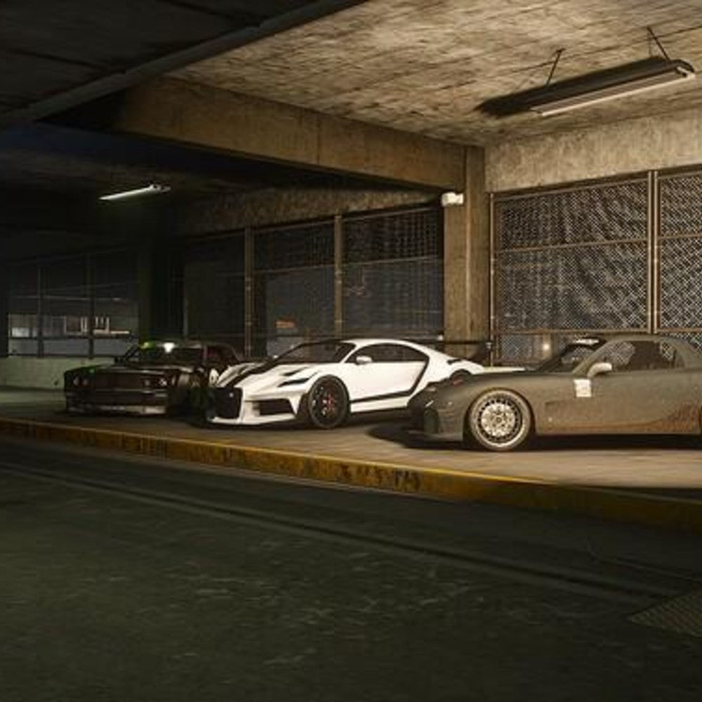 FiveM car meet underground garage with custom supra bugatti and muscle cars similar to NoPixel tuner shop