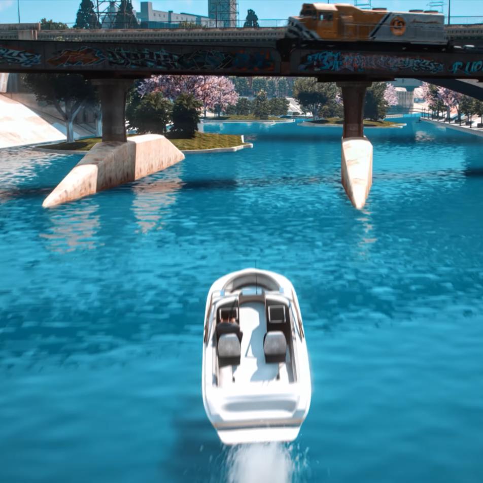 Speedboat on the Los Santos River under a graffiti bridge with a truck overhead — GTA 5 / GTA V FiveM cinematic background, NoPixel-style RP server, waterfront action scene, urban river channel