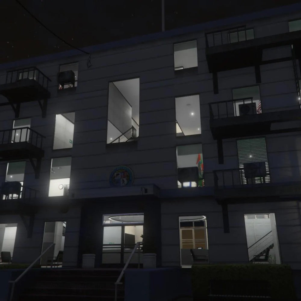 FiveM City Hall MLO exterior facade at night with illuminated windows and entrance