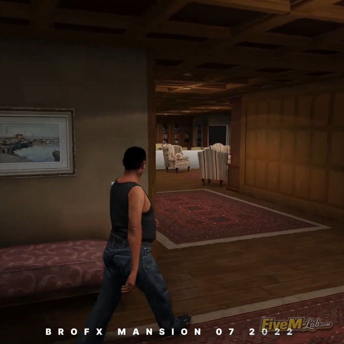 Classic brick wall corridor with wall lamps and paintings in a FiveM custom mansion.