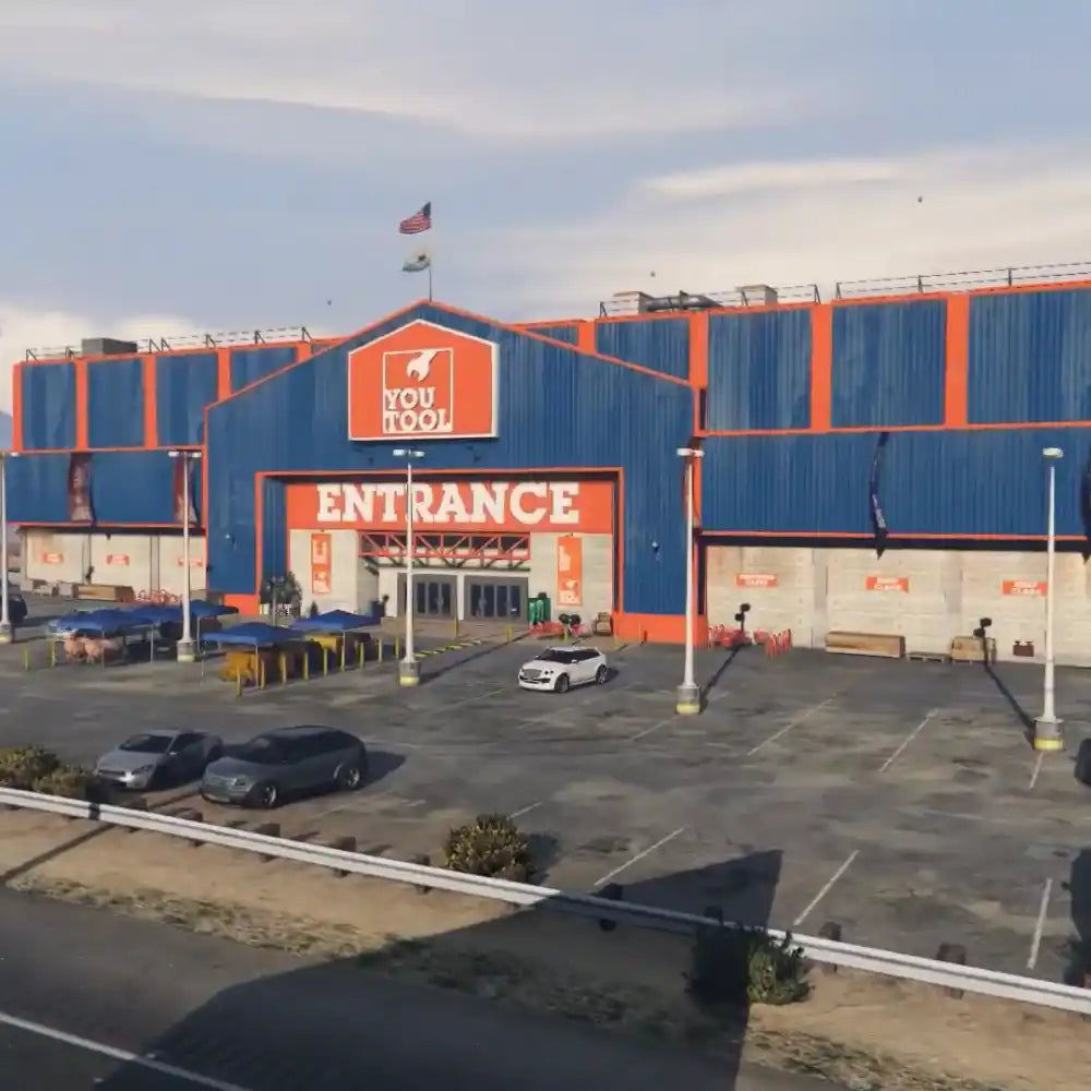 Store Tools MLO for FiveM — exterior building with entrance sign and parking lot