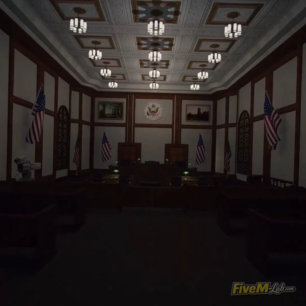 FiveM Superior Courthouse MLO interior courtroom with decorative ceiling lights and flags GTA 5 RP