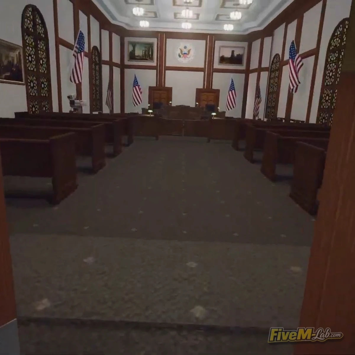 FiveM Superior Courthouse MLO interior courtroom with judge's bench and American flags GTA 5 RP