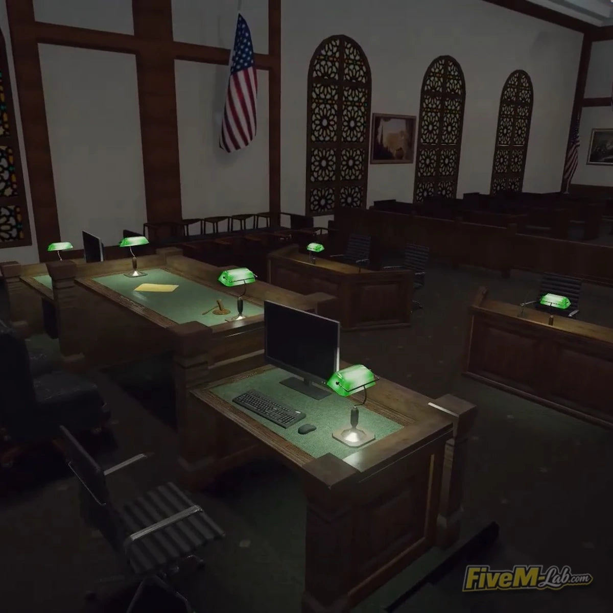 FiveM Superior Courthouse MLO interior courtroom lawyer desks with green lamps and computers GTA 5 RP
