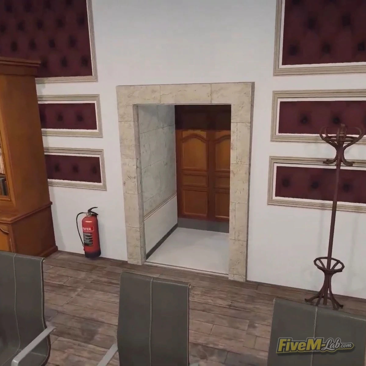 FiveM Superior Courthouse MLO interior office entrance with wooden door and fire extinguisher GTA 5 RP