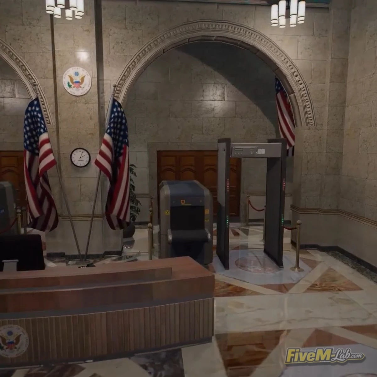 FiveM Superior Courthouse MLO interior security checkpoint with metal detector, X-ray scanner, and flags GTA 5 RP